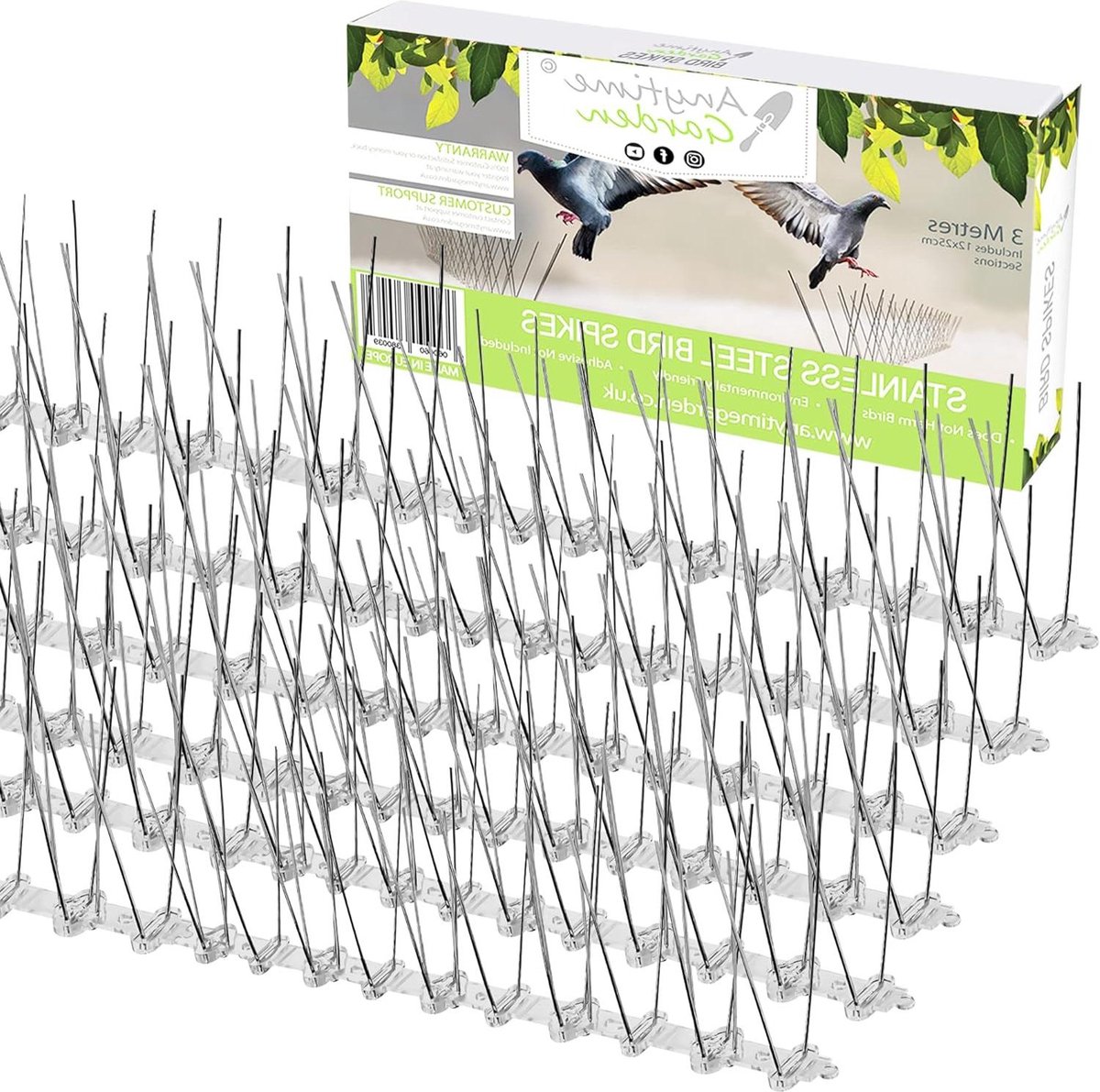 Eenvoudige installatie en verwijdering van Ongediertebestrijding - Roestvrijstalen spikes - Duivenafstotend middel - Covers 10 ft - Anytime Garden pigeon pins