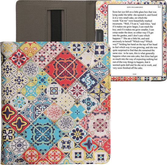 kwmobile flip cover geschikt voor Onyx Boox Leaf 2 - Hoes met handgreep en voorvak voor e-reader - Book case in meerkleurig / bruin - Oriëntaalse Tegels design van kwmobile — afbeelding 2