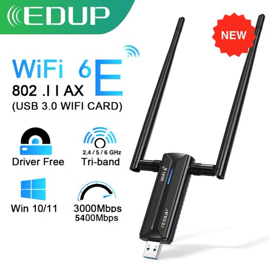 EDUP WiFi 6E USB 3.0 adapter met twee antennes. Nieuw model, driver-free, tri-band 2.4/5/6 GHz, 3000Mbps/5400Mbps. Compatibel met Win 10/11.