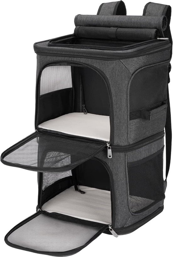 FASNATI Rugzak met dubbele compartimenten, kattendraagtas voor 2 katten, kleine honden en konijnen, perfect voor reizen/wandelen/kamperen, zwart