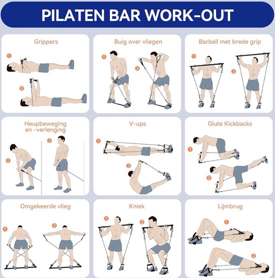 ALongSong Pilatesstangset met elastische band voor spiertraining, 6 weerstandsbanden van 20/40/60 lbs, voor het beoefenen van yoga en bodybuilding thuis