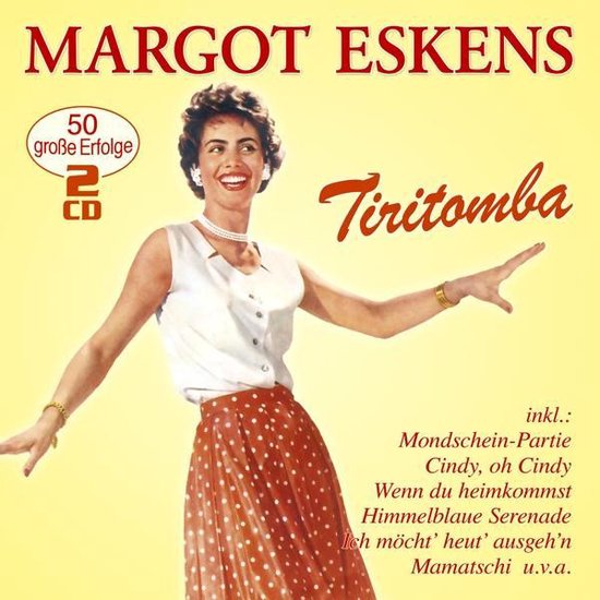 Margot Eskens, 50 grote successen, 2 CD's, Tiritomba albumhoes met zangeres in witte top en stippenrok.