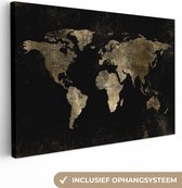 Canvas schilderij - Wereldkaart zwart en goud 140x90 - Kamer decoratie accessoires - Schilderijen wereld kaart woonkamer - World map wanddecoratie slaapkamer - Muurdecoratie keuken - Wanddoek interieur - Woondecoratie huis - Woonaccessoires