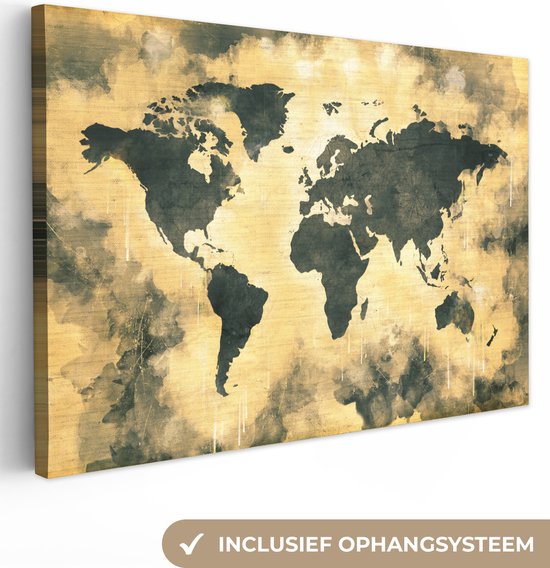 MuchoWow© Canvas Schilderij 120x80 cm Kamer Decoratie Woonkamer Schilderijen Slaapkamer Room Decor Wanddecoratie Wall Art Painting Wereldkaart - Goud