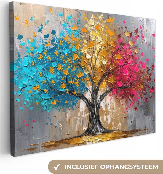 Canvas schilderij 160x120 cm - Wanddecoratie Boom - Kleurrijk - Grijs - Modern - Muurdecoratie woonkamer - Slaapkamer decoratie - Kamer accessoires - Schilderijen