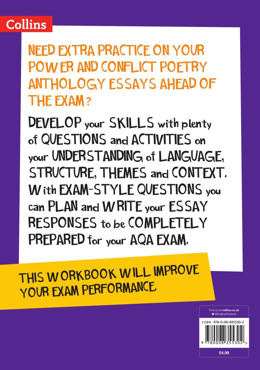 AQA Poetry Anthology Power and Conflict Workbook Ideal for home learning, 2021 assessments and 2022 exams Collins GCSE Grade 91 SNAP Revision - back cover