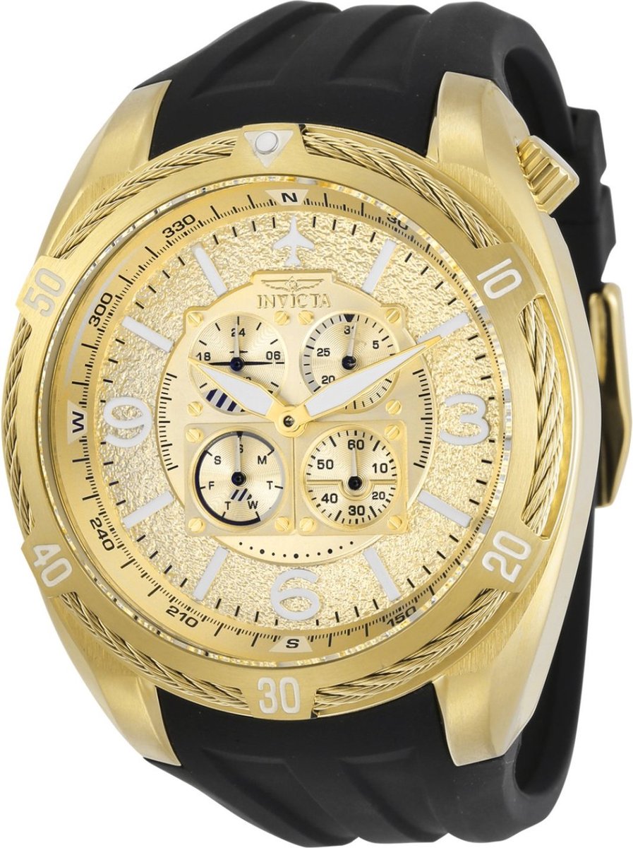 Invicta Aviator 30486 Heren Horloge - Waterdicht - Analoog - Quartz Uurwerk - Roestvrij Staal met gouden Wijzerplaat - 50mm