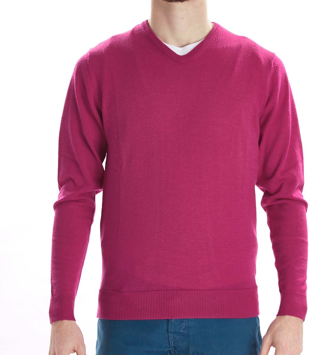 Osborne Knitwear Trui met V hals - Merino wol - Fuchsia - L