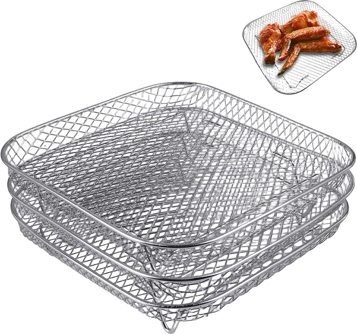Airfryerrekken voor heteluchtfriteuse - 3 stuks roestvrij staal - 21 cm - grillrooster tray - 3 lagen - stapelbaar - herbruikbaar - dehydratorrekken - voor airfryer oven - bakken braden