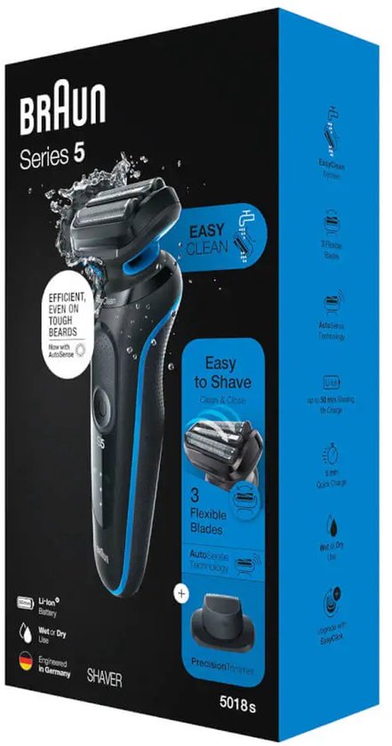 Braun Series 5 51-B1200s Scheerapparaat voor heren met EasyClick precisietrimmer, EasyClean, nat en droog, oplaadbaar, draadloos elektrisch scheerapparaat met snijbladen, blauw