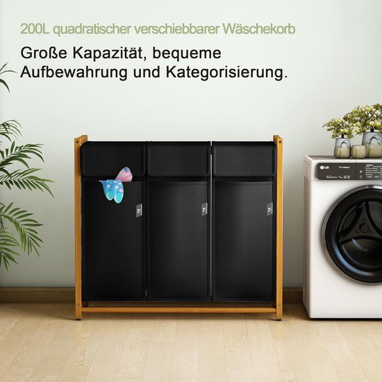 Adeal Dream Wasmand, 150 l, 3 vakken, uittrekbare en afneembare waszak, bamboeframe, wasverzamelaar, wasemmer, grijs-06-11
