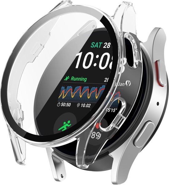 Zilverkleurige smartwatch met sportdisplay, deels bedekt door een transparant hoesje.