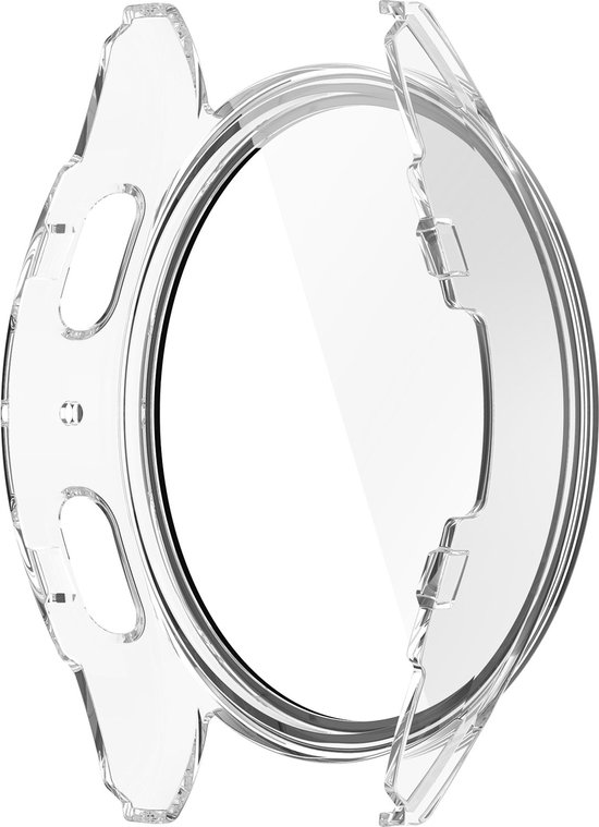 Transparante smartwatch beschermhoes met een zwarte ring rond het scherm.