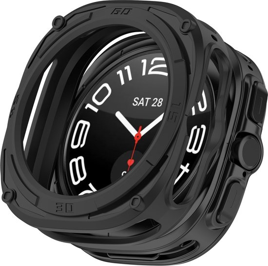 Zwarte TPU beschermhoes met knoppen, gedeeltelijk geopend van een smartwatch met witte cijfers.