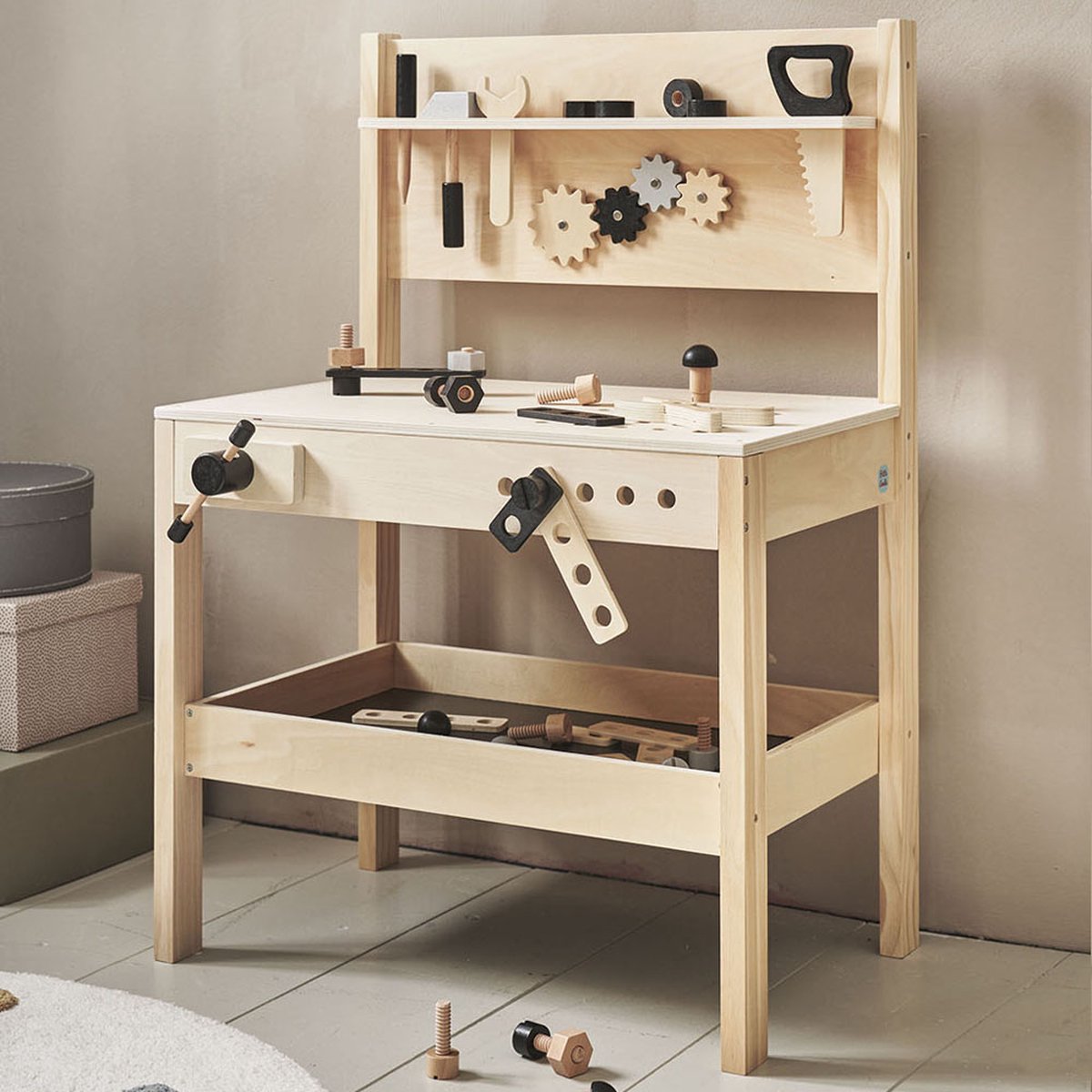 Petite Amélie Werkbank Speelgoed Naturel & Zwart - Incl. 41 stuks Kinder Gereedschap - Stevig van Plywood - Perfecte Hoogte voor de Kleine Klusser — afbeelding 4