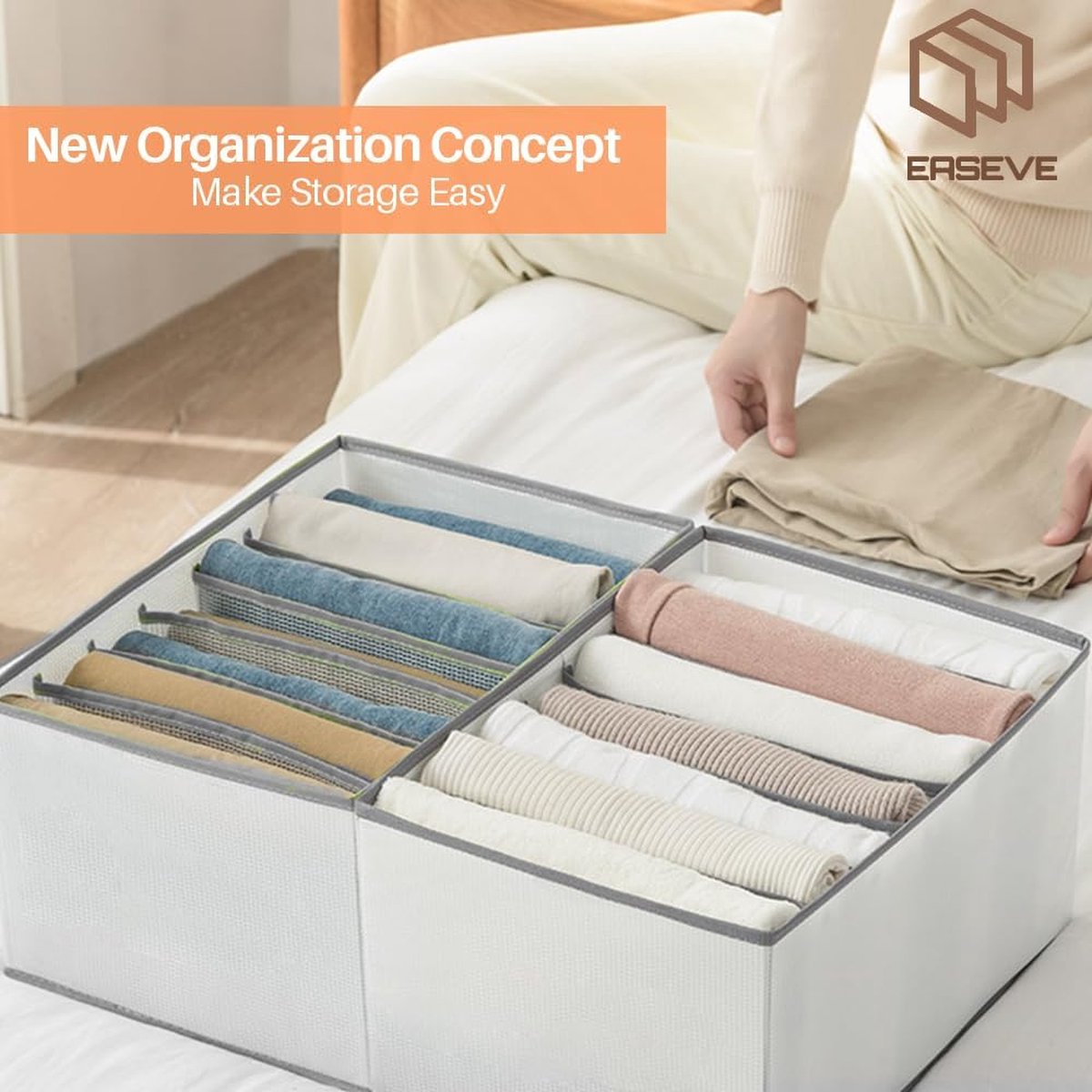 EASEVE Lot De 2 Organiseurs De Placard Et De Rangement Pour Vêtements U2013 Séparateurs De Tiroir Pliables à 7 Grilles Pour Jeans, Pantalons, Chemises, Leggings, Bacs à Vêtements Empilables Pour