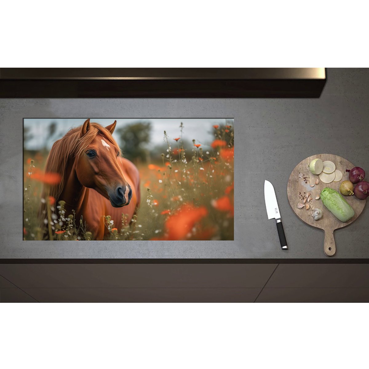 Inductieplaat Beschermer - Bruin paard staat in weiland met rode klaprozen - 85x50 cm - 2 mm Dik - Inductie Beschermer - Bescherming Inductiekookplaat - Kookplaat Beschermer van Zwart Vinyl