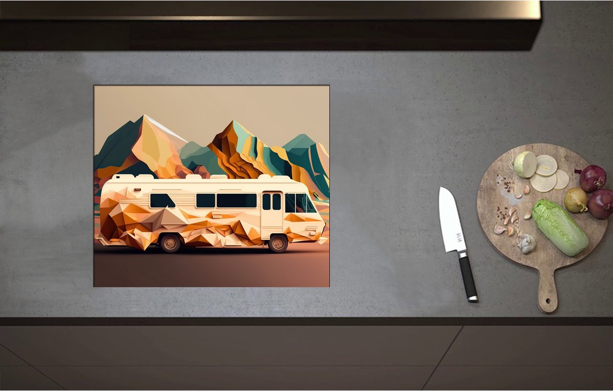 Inductieplaat Beschermer - Camper van Abstracte Vormen tegen Berg van Abstracte Vormen - 58x50 cm - 2 mm Dik - Inductie Beschermer - Bescherming Inductiekookplaat - Kookplaat Beschermer van Wit Vinyl