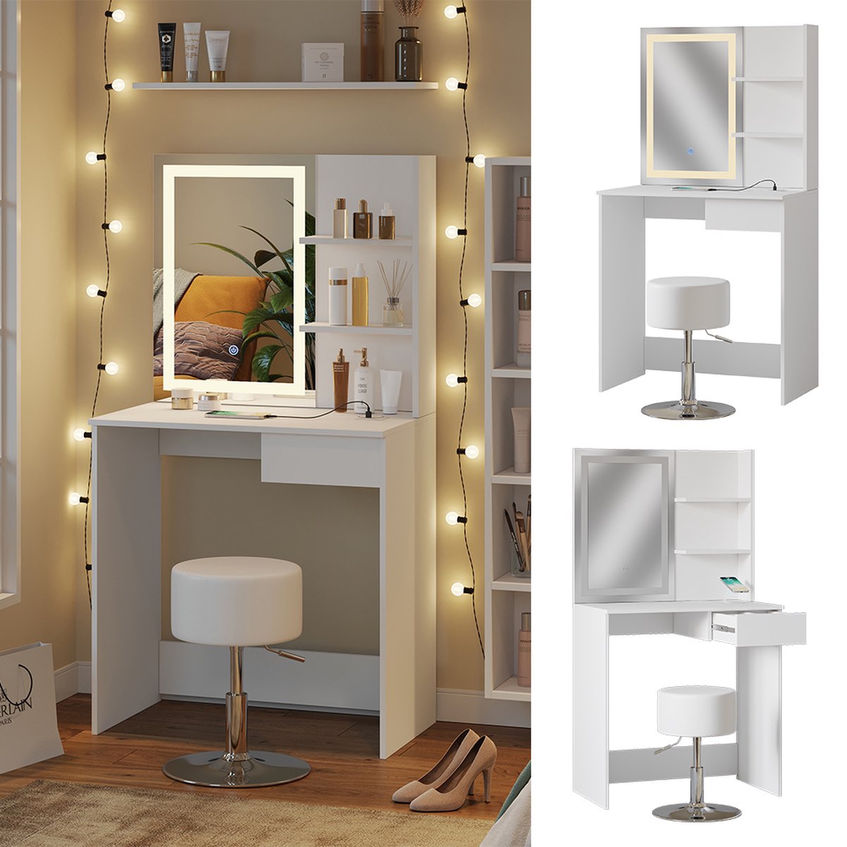 Vicco Kaptafel set met kruk Dekos, Wit, 75 cm met LED-spiegel en kruk
