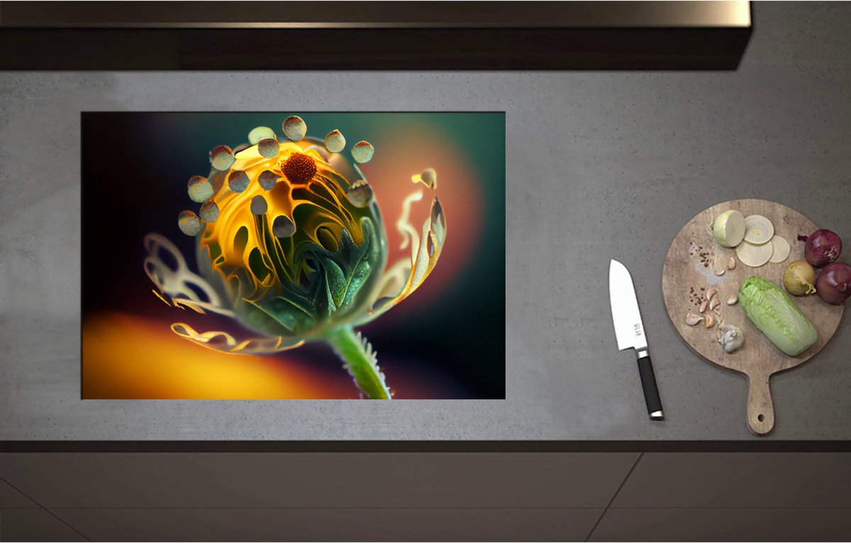 Inductieplaat Beschermer - Close-up van Gele Bloeiende Bloem - 75x51 cm - 2 mm Dik - Inductie Beschermer - Bescherming Inductiekookplaat - Kookplaat Beschermer van Zwart Vinyl