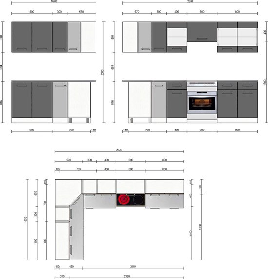 Vicco Cuisine d'angle Rick, Wit/ anthracite brillant, 267 x 167 cm, WB Marble
