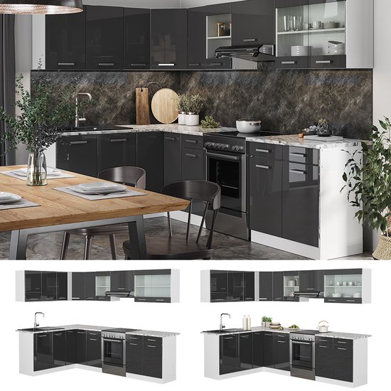 Vicco Cuisine d'angle Rick, Wit/ anthracite brillant, 267 x 167 cm, WB Marble