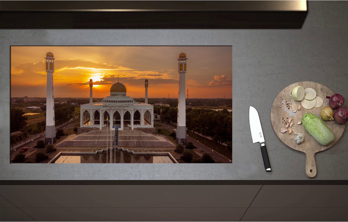 Inductieplaat Beschermer - Central Mosque of Songkhla Province in Thailand tijdens Zonsondergang - 95x51 cm - 2 mm Dik - Inductie Beschermer - Bescherming Inductiekookplaat - Kookplaat Beschermer van Wit Vinyl