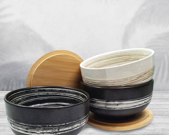 Bols à Ramen Lot De 2 En Céramique 1020ml - Design Chat Mignon Avec Couvercle Et Accessoires Set Bols Nouilles