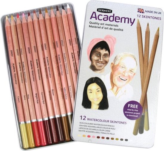 Blikken doos met 12 Derwent Academy aquarel potloden. Houten potloden met zichtbare kern en opdruk 'Academy Watercolour'. De doos toont portretten van drie personen.