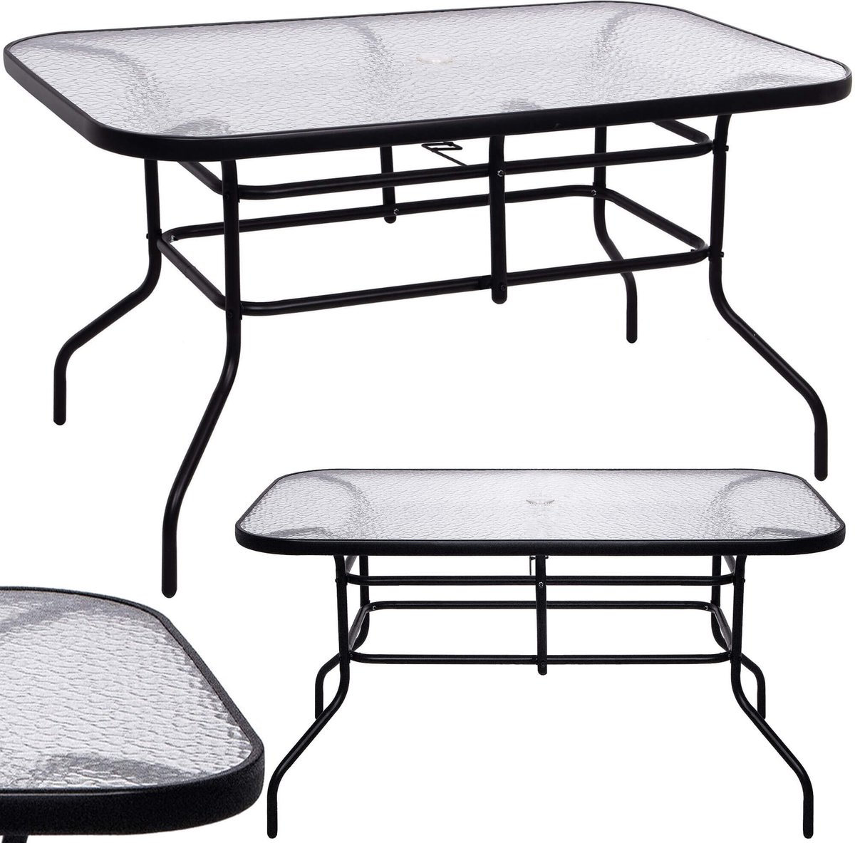 Springos Tuintafel 140 x 80 x 70 cm Buitentafel Eettafel Buiten Metaal Gehard Glas 100 KG Zwart