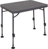 Donkergrijze, opklapbare tafel met houten nerfstructuur en vier poten.