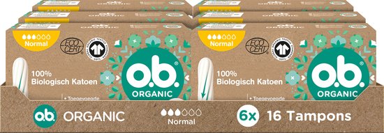 Foto: O b organic normaal biologische tampons tampon gemiddelde tot zwaardere menstruatiedagen 100 biokatoen 6 x 16 stuks