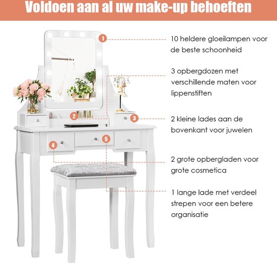 Make-up make-up tafel set met 3-kleuren aanrakingsverlichting, kaptafel met spiegel & gestoffeerde kruk & opbergladen, kaptafel voor vrouwen, meisjes, slaapkamer