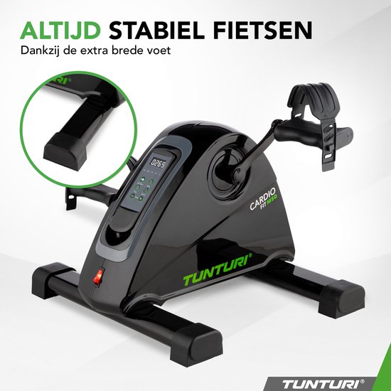 Zwarte Tunturi Cardio Fit M50 minitrainer met extra brede basis voor stabiliteit.