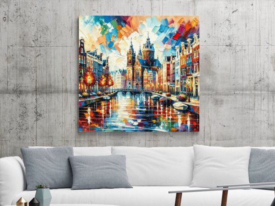Acryl amsterdam schilderij | Vibrant Cityscape: A Modern Acrylic Masterpiece from Amsterdam | Kunst - 60x60 centimeter op Canvas | Foto op Canvas