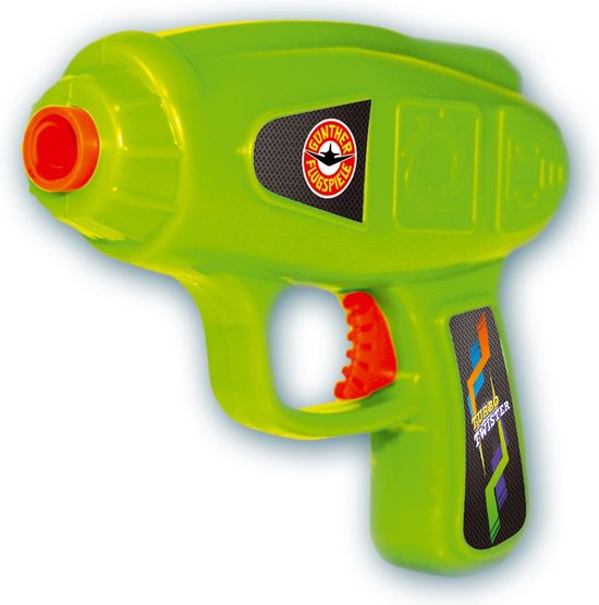 Groen "Turbo Twister" speelgoedpistool met oranje trekker en opdruk.