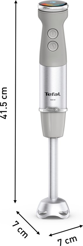 Grijze Tefal staafmixer met afmetingen: 41.5 cm hoog, 7 cm breed.