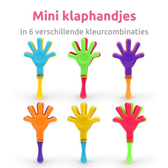 Zes mini klaphandjes in verschillende kleurcombinaties: blauw/geel, groen/rood, paars/oranje, oranje/paars, geel/blauw, roze/groen.