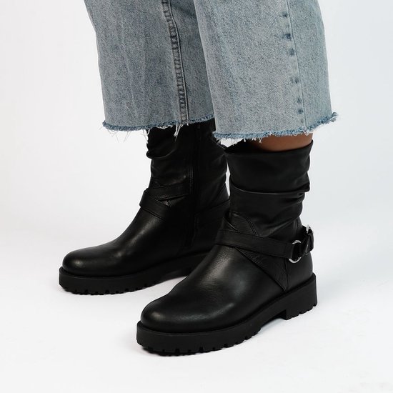 Manfield Dames Zwarte leren biker boots Maat 36 bol
