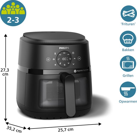 Philips 2000 Series Airfryer - NA220/00 - Kijkvenster - RapidAir - 4.2L - Tot 4 Personen - Zwart