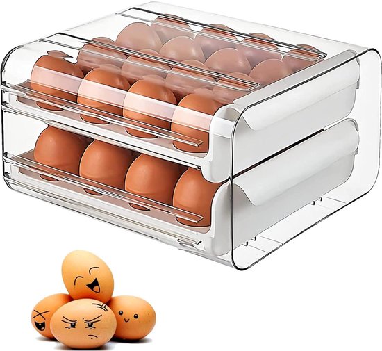 Automatische rollende eierhouder, eierdispenser lade voor koelkast, rollend aanrecht eierhouder voor 15 eieren, tweelaagse eierorganizer lade, slank ruimtebesparend keukengereedschap voor koelkastkast