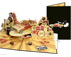 Popcards pop-up kaart – Muziek Rock Band met Cadillac en Muziekinstrumenten Drums Gitaren Keyboards Muziekfestival pop-up kaart 3D wenskaart
