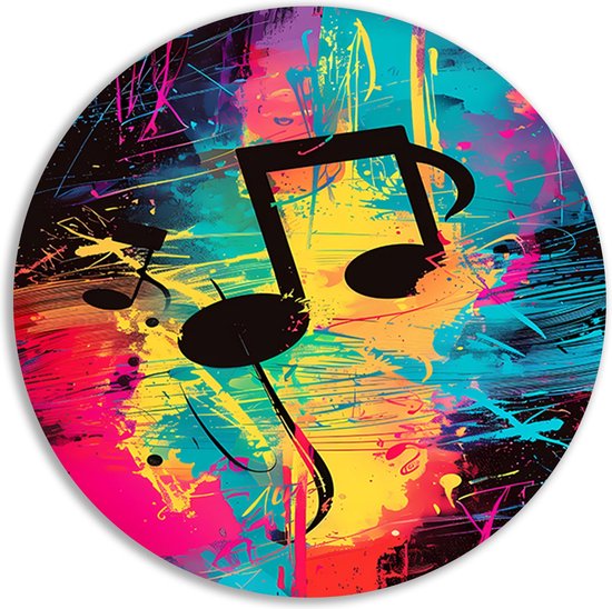 Muzieknoten muurcirkels - Muziek wandcirkels - Wandpaneel Verfspatten - Schilderijen industrieel - Schilderij rond - Schilderijen & posters muurcirkel aluminium 70x70 cm