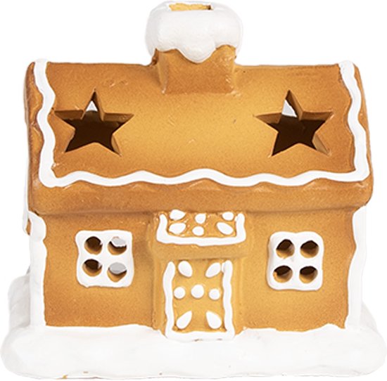 Clayre & Eef Theelichthouder Gingerbread house 11x8x10 cm Bruin Keramiek