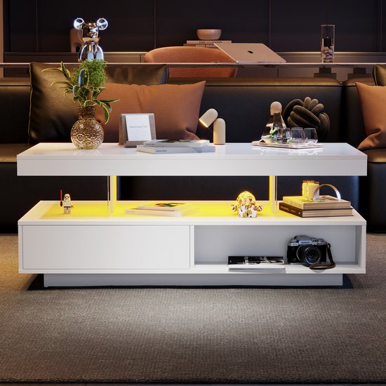 Sweiko Witte hoogglans salontafel 95x50x42.5 cm, 4 glazen werkbladen, 2 lades en 2 open vakken, Woonkamer tafel, sofa tafel, basiskast voor woonkamer