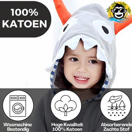 BoefieBoef Monster Bio Katoen Baby & Kinder Badponcho met Capuchon - Dieren Design - Badcape 1-7 Jaar - Peuter Strandponcho & Kleuter Zwemponcho - Absorberend & Sneldrogend - Handdoek - Kraamcadeau - jongens - meisjes - Sinterklaas - kerst - Grijs van Merkloos — afbeelding 2