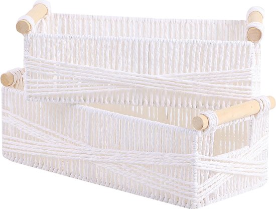 HMF Opbergmand gevlochten van Waterhyacint, decoratieve Mand met houten Handgrepen voor opbergen in Badkamer, Woonkamer, Keuken | 30 x 20 x 12 cm | natuurkleur