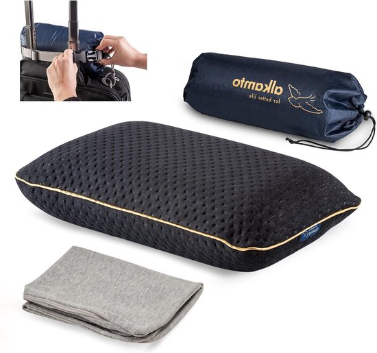 Alkamto Reiskussen, Campingkussen, Traagschuim Met Extra Katoenen Overtrek Inclusief Tas Orthopedisch Neksteunkussen 40 X 25 X 10 Cm Wit Extra Kussensloop