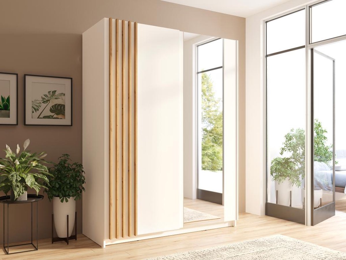 Vente-unique Kast met 2 schuifdeuren - Met spiegel - L150 cm - Wit en houteffect - CALELA