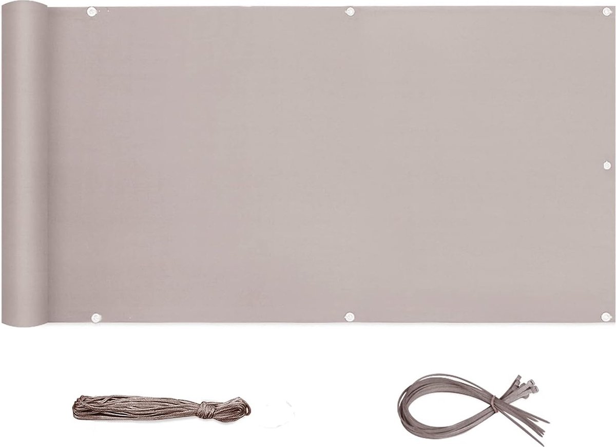 Balkonscherm, ondoorzichtig, wind- en uv-bescherming, weerbestendig, 75/90/120 cm x 600/500/300 cm, met oogjes, nylon kabelbinder en koord, Taupe (PES)